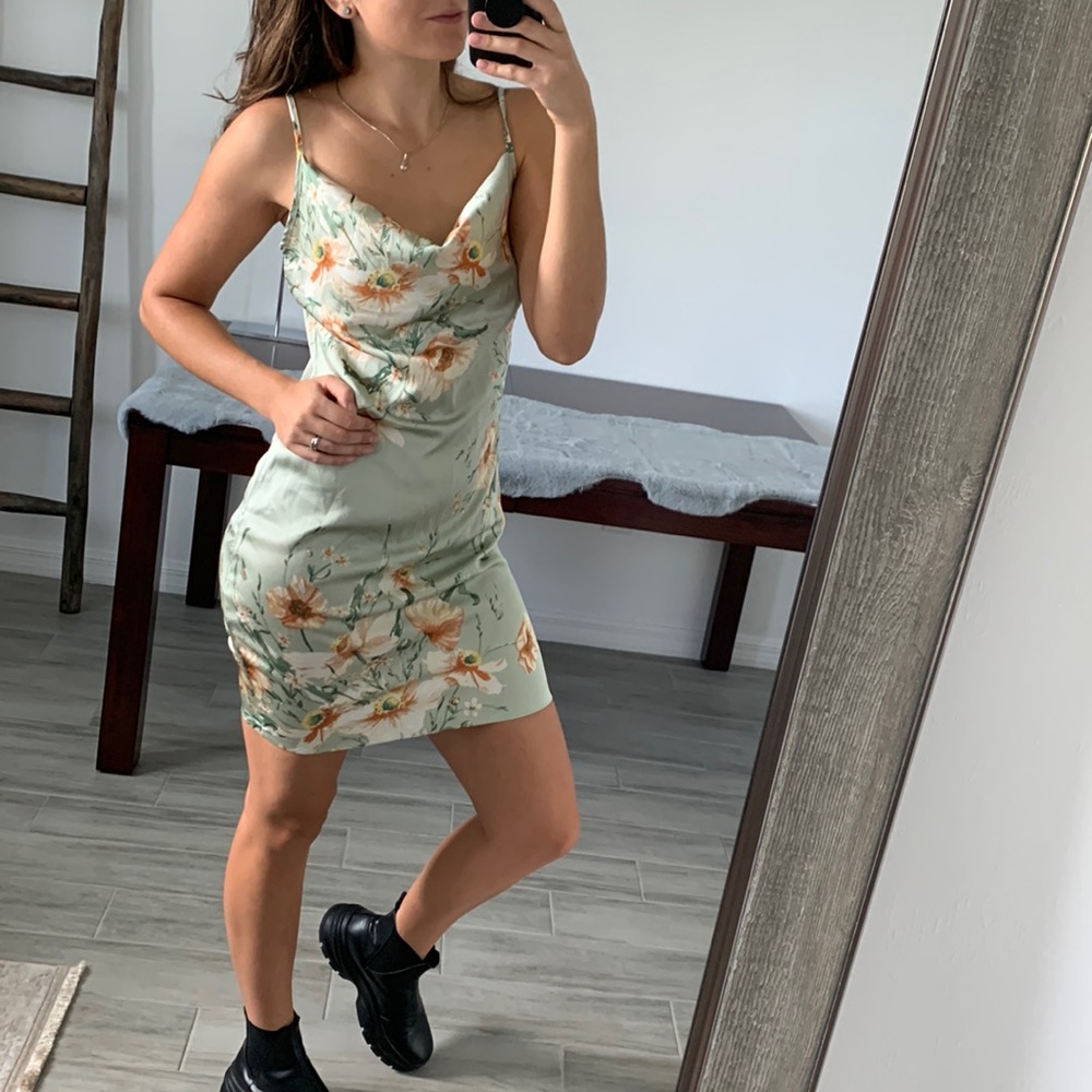 Mint Green Satin Floral Print Cami Dress Draped Collar Strap / SHEIN